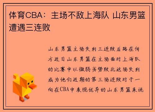 体育CBA：主场不敌上海队 山东男篮遭遇三连败